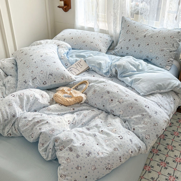 91家纺网 家纺一手货源 找家纺 妖妖家纺 2026新款敲可爱的奶呼呼云感双层纱简约四件套系列 萌宝乖乖