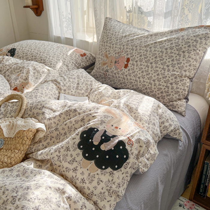 妖妖家纺 2026新款敲可爱的奶呼呼云感双层纱简约四件套系列 跳跃萌兔