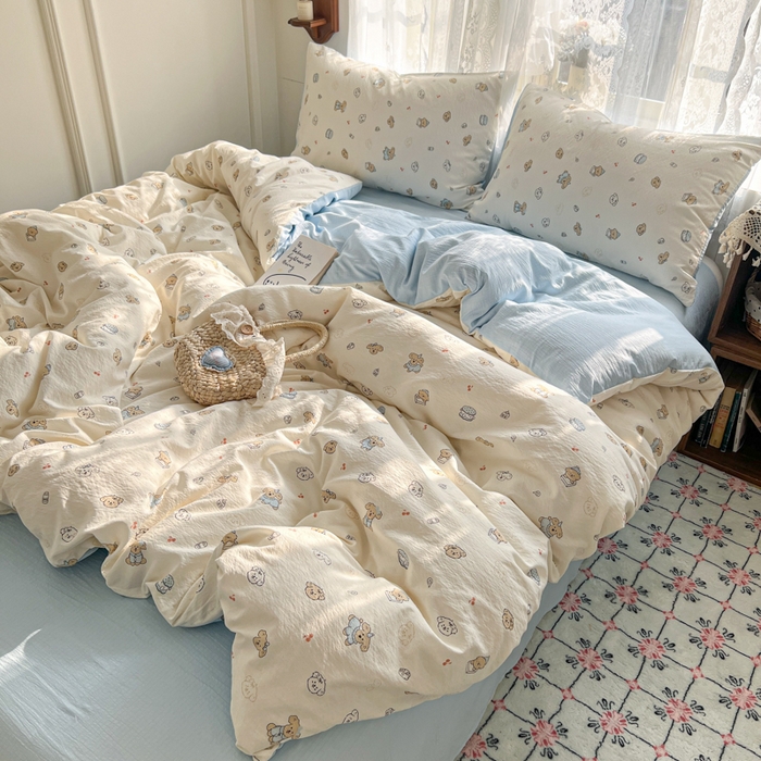 91家纺网 家纺一手货源 找家纺 妖妖家纺 2026新款敲可爱的奶呼呼云感双层纱简约四件套系列 汪汪团簇