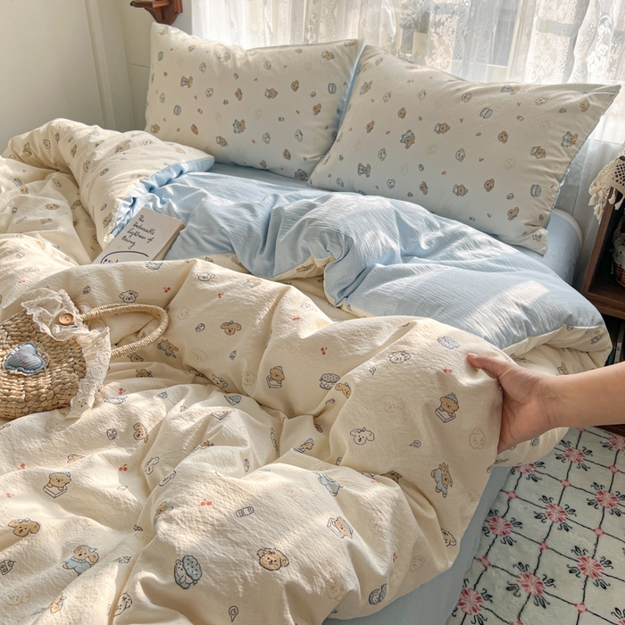 91家纺网 家纺一手货源 找家纺 妖妖家纺 2026新款敲可爱的奶呼呼云感双层纱简约四件套系列 汪汪团簇