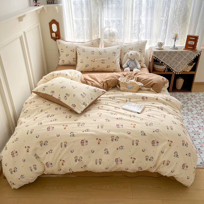 91家纺网 家纺一手货源 找家纺 妖妖家纺 2026新款敲可爱的奶呼呼云感双层纱简约四件套系列 温馨童梦