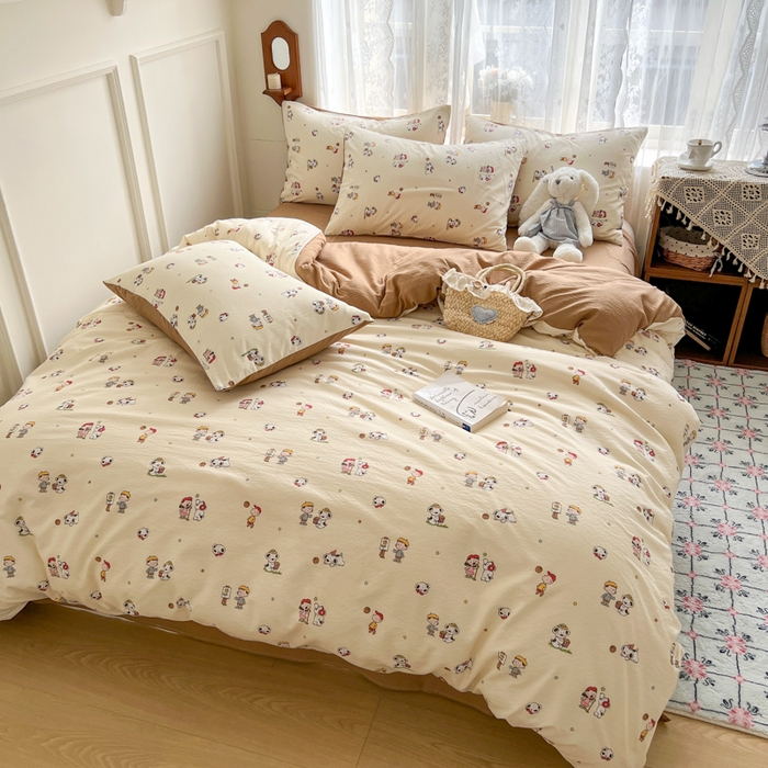 91家纺网 家纺一手货源 找家纺 妖妖家纺 2026新款敲可爱的奶呼呼云感双层纱简约四件套系列 温馨童梦