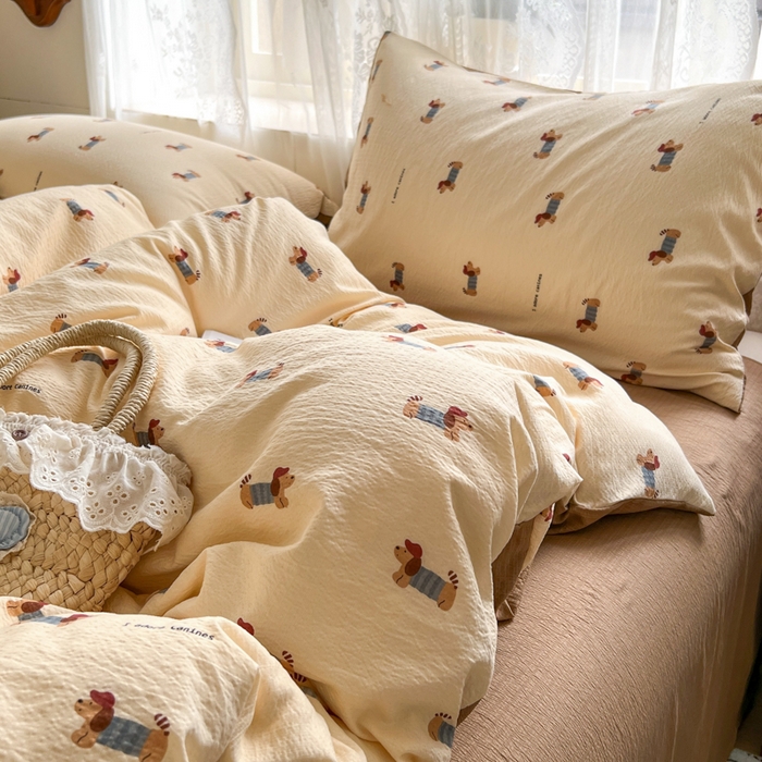 妖妖家纺 2026新款敲可爱的奶呼呼云感双层纱简约四件套系列 小狗入学