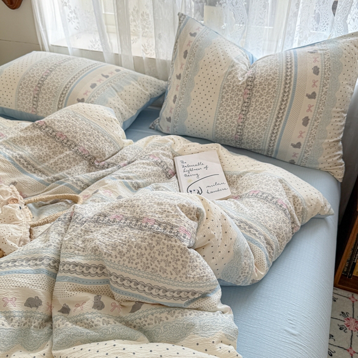 妖妖家纺 2026新款敲可爱的奶呼呼云感双层纱简约四件套系列 小兔啵啵花