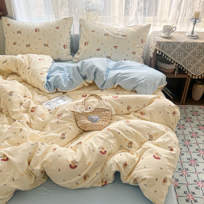 91家纺网 家纺一手货源 找家纺 妖妖家纺 2026新款敲可爱的奶呼呼云感双层纱简约四件套系列 星星絮语