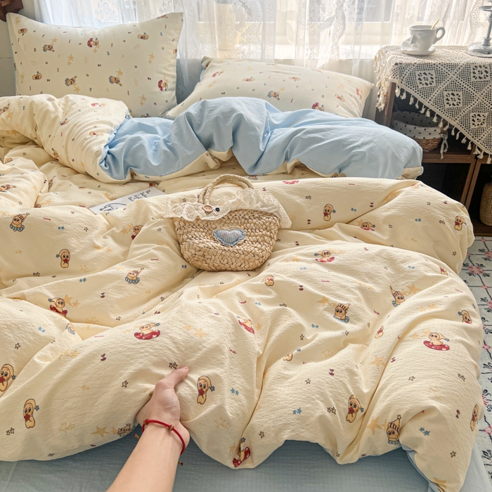 91家纺网 家纺一手货源 找家纺 妖妖家纺 2026新款敲可爱的奶呼呼云感双层纱简约四件套系列 星星絮语