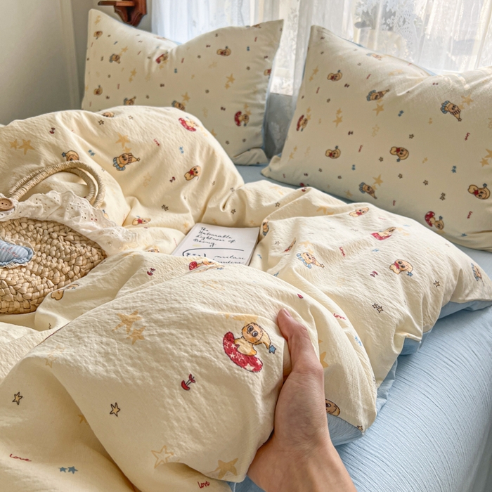 91家纺网 家纺一手货源 找家纺 妖妖家纺 2026新款敲可爱的奶呼呼云感双层纱简约四件套系列 星星絮语