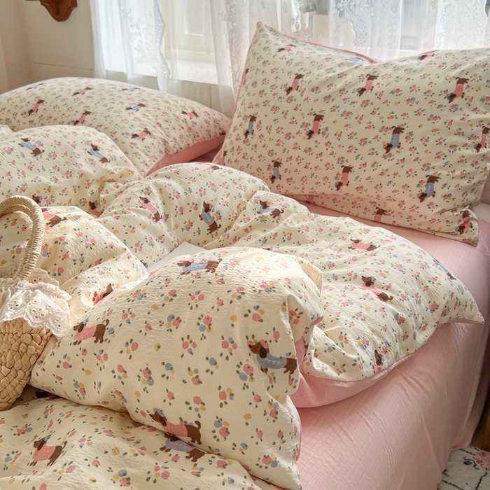 妖妖家纺 2026新款敲可爱的奶呼呼云感双层纱简约四件套系列 爪印花间