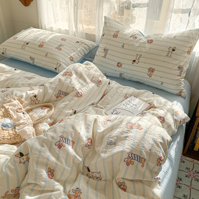 妖妖家纺 2026新款敲可爱的奶呼呼云感双层纱简约四件套系列 治愈小狗