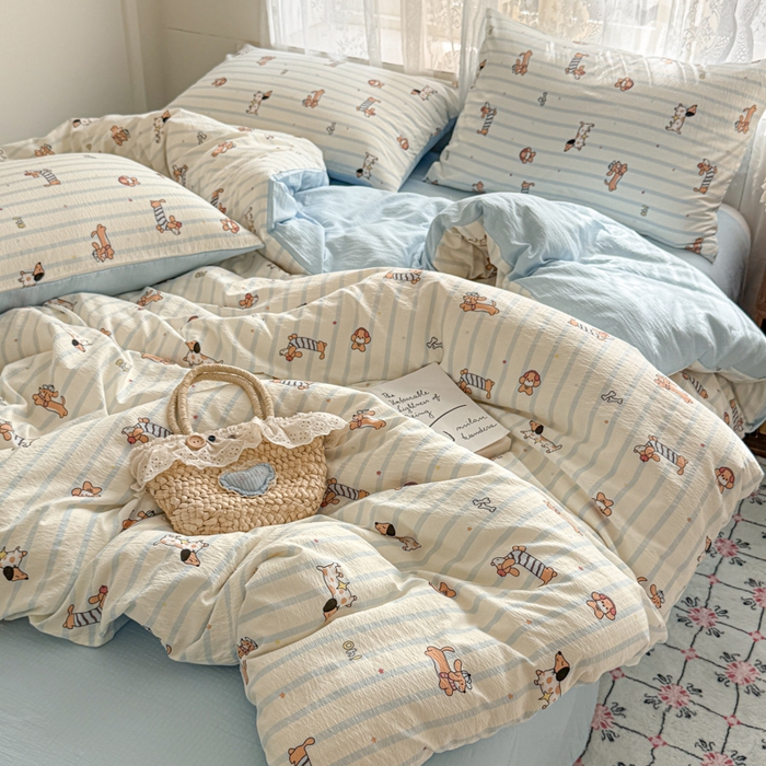 91家纺网 家纺一手货源 找家纺 妖妖家纺 2026新款敲可爱的奶呼呼云感双层纱简约四件套系列 治愈小狗