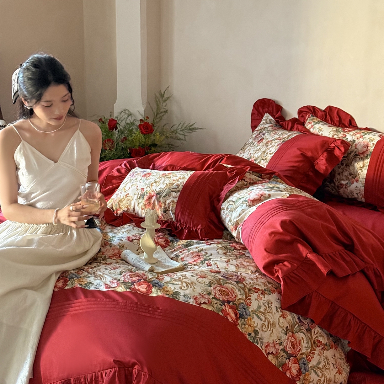 91家纺网 家纺一手货源 找家纺 优然居家纺 2022新款100支贡缎刺绣四件套-马里奥系列 玛里奥.欧陆粉