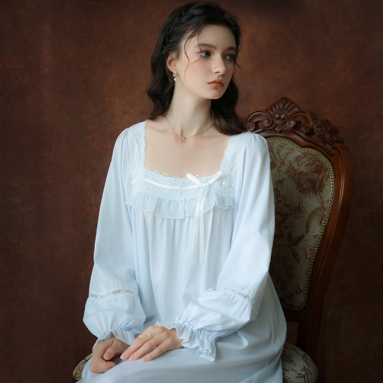 91家纺网 家纺一手货源 找家纺 洛兰沙家居馆 2026新款长袖睡裙宫廷风甜美公主法式复古宽松圆领新款女春秋针织棉睡衣 蓝色