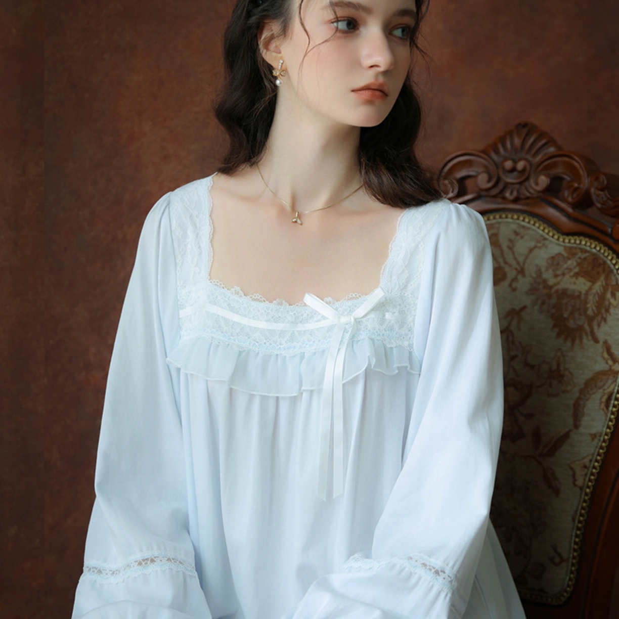 91家纺网 家纺一手货源 找家纺 洛兰沙家居馆 2026新款长袖睡裙宫廷风甜美公主法式复古宽松圆领新款女春秋针织棉睡衣 蓝色