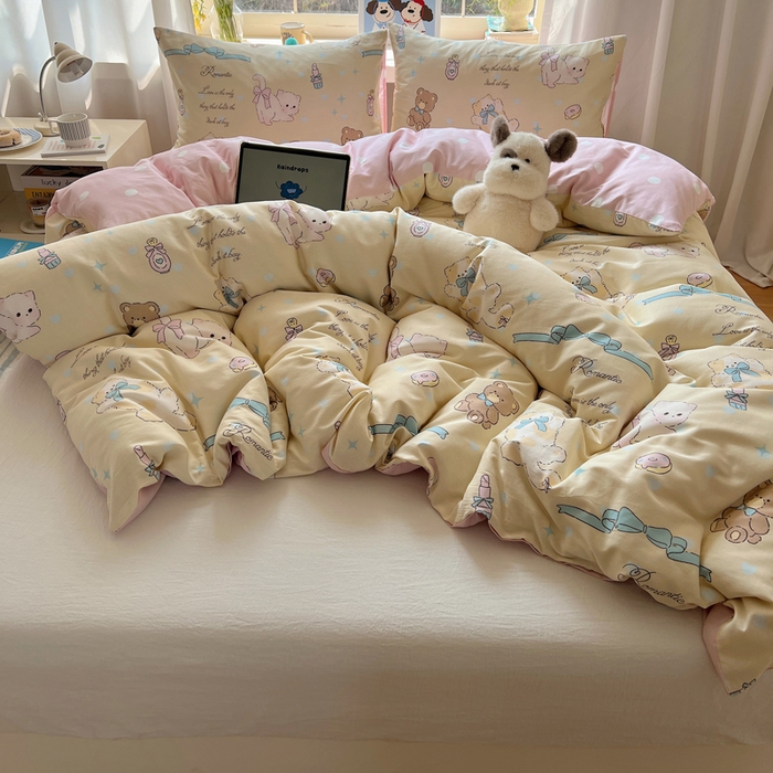 91家纺网 家纺一手货源 找家纺 六巷胡同 2026新款40支全棉13070卡通单品被套 猫咪甜甜圈