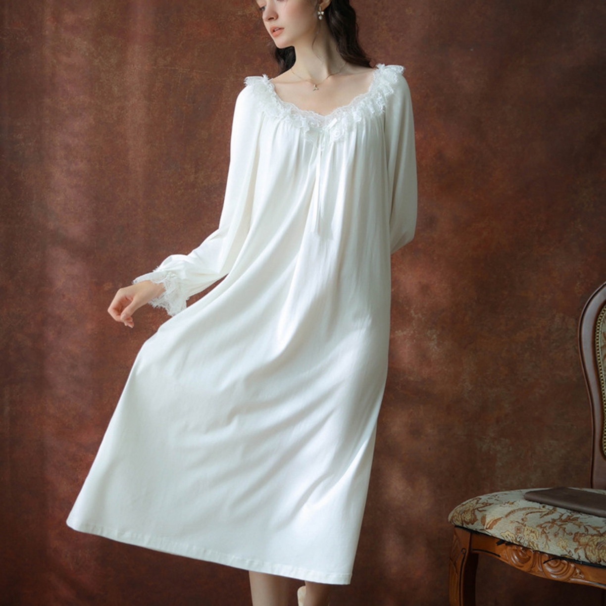91家纺网 家纺一手货源 找家纺 （总）洛兰沙家居馆 2026新款长袖睡裙宫廷风甜美公主法式复古宽松圆领新款女春秋针织棉睡衣