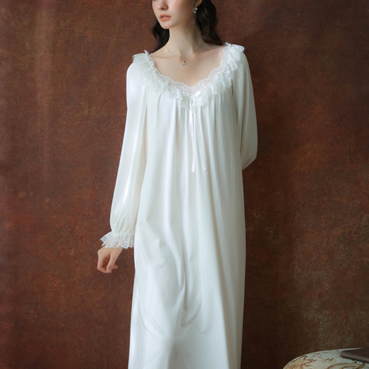 （总）洛兰沙家居馆 2026新款长袖睡裙宫廷风甜美公主法式复古宽松圆领新款女春秋针织棉睡衣