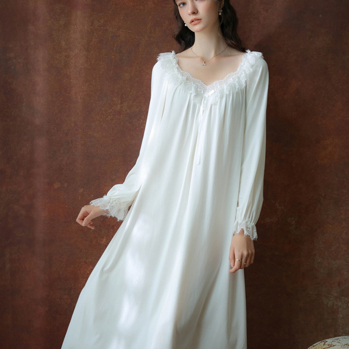 91家纺网 家纺一手货源 找家纺 （总）洛兰沙家居馆 2026新款长袖睡裙宫廷风甜美公主法式复古宽松圆领新款女春秋针织棉睡衣