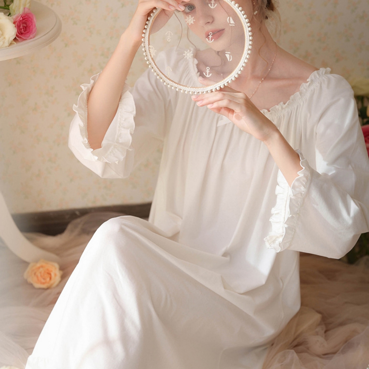 91家纺网 家纺一手货源 找家纺 （总）洛兰沙家居馆 2026新款长袖睡裙宫廷风甜美公主法式复古宽松圆领新款女春秋针织棉睡衣