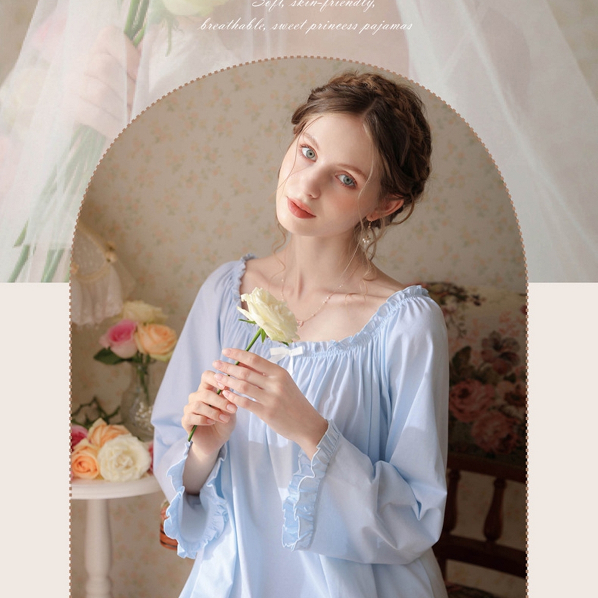 91家纺网 家纺一手货源 找家纺 洛兰沙家居馆 2026新款长袖睡裙宫廷风甜美公主法式复古宽松圆领新款女春秋针织棉睡衣 蓝色