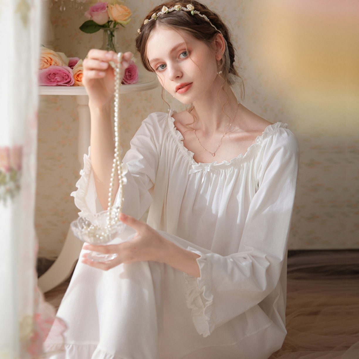 洛兰沙家居馆 2026新款长袖睡裙宫廷风甜美公主法式复古宽松圆领新款女春秋针织棉睡衣 白色