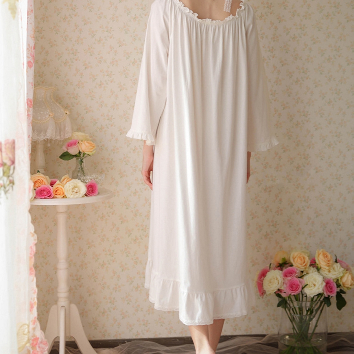 91家纺网 家纺一手货源 找家纺 洛兰沙家居馆 2026新款长袖睡裙宫廷风甜美公主法式复古宽松圆领新款女春秋针织棉睡衣 白色