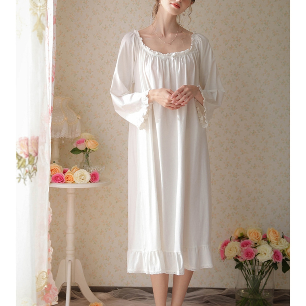 91家纺网 家纺一手货源 找家纺 洛兰沙家居馆 2026新款长袖睡裙宫廷风甜美公主法式复古宽松圆领新款女春秋针织棉睡衣 白色