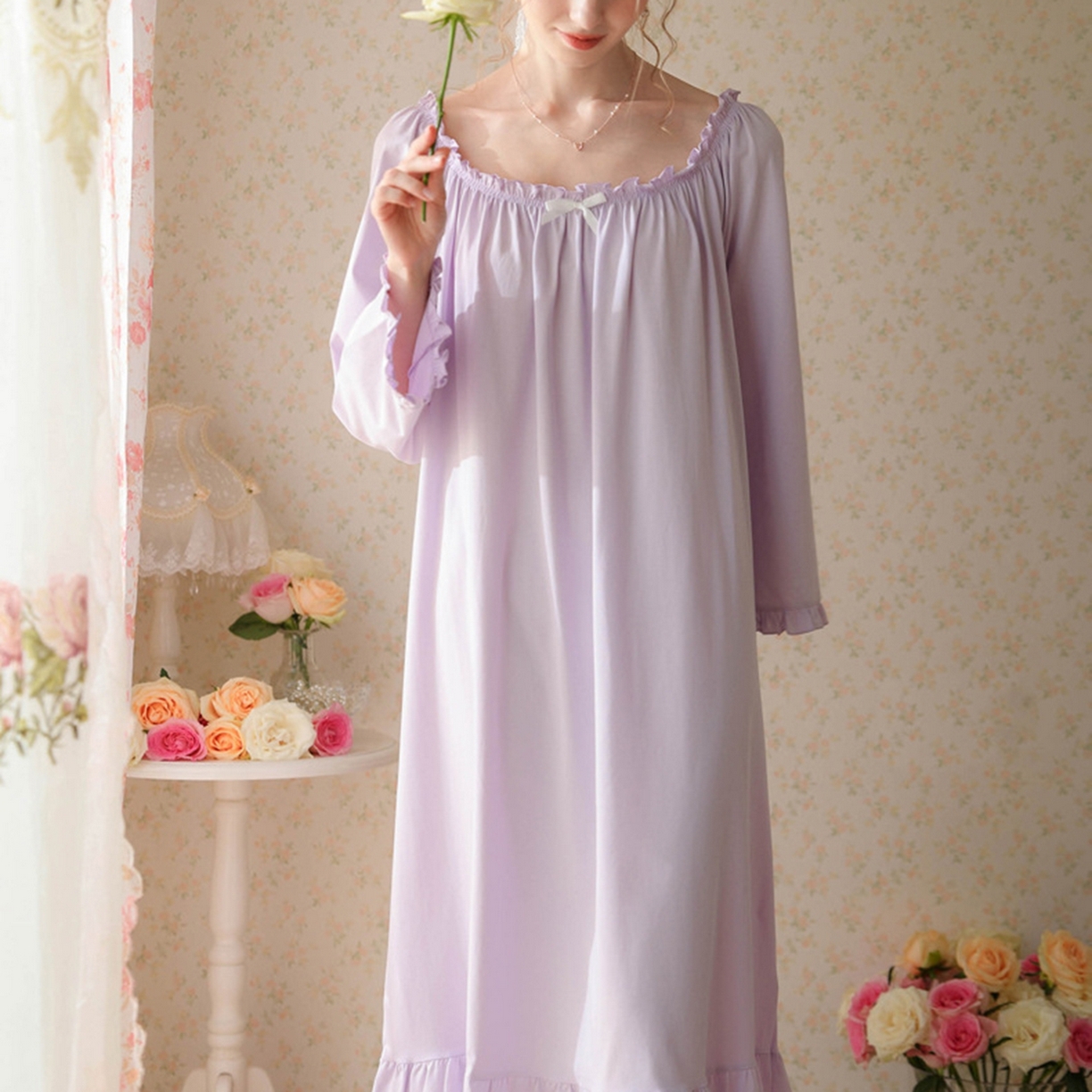 91家纺网 家纺一手货源 找家纺 洛兰沙家居馆 2026新款长袖睡裙宫廷风甜美公主法式复古宽松圆领新款女春秋针织棉睡衣 紫色