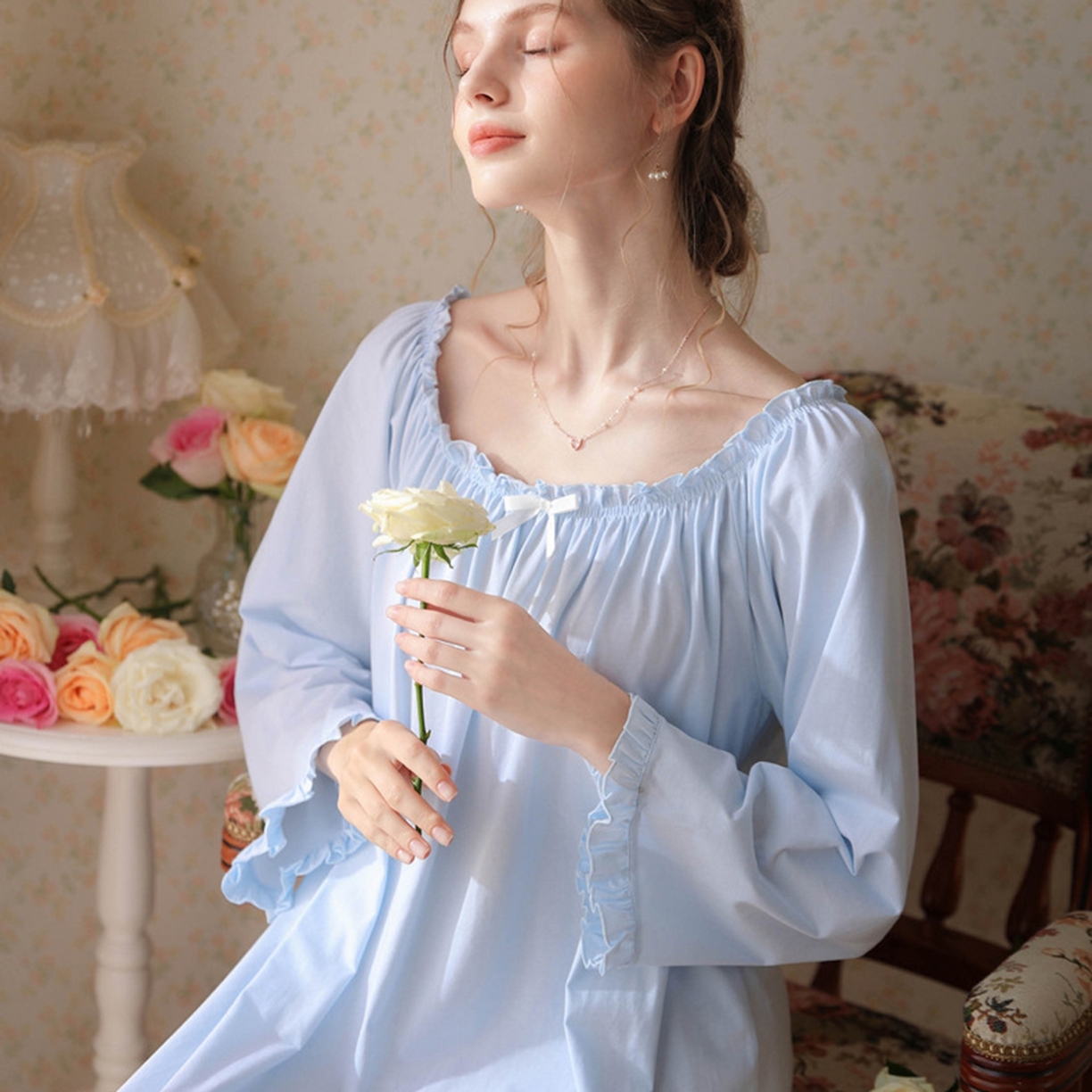 91家纺网 家纺一手货源 找家纺 洛兰沙家居馆 2026新款长袖睡裙宫廷风甜美公主法式复古宽松圆领新款女春秋针织棉睡衣 蓝色