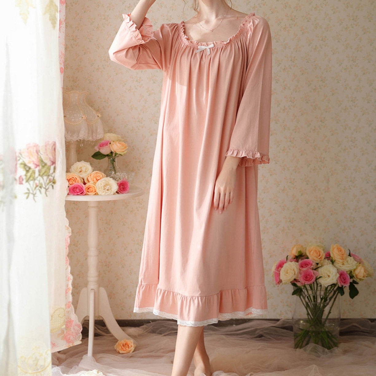 91家纺网 家纺一手货源 找家纺 洛兰沙家居馆 2026新款长袖睡裙宫廷风甜美公主法式复古宽松圆领新款女春秋针织棉睡衣 粉色