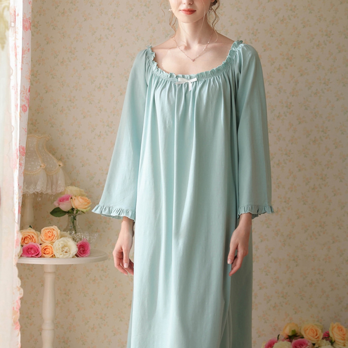 91家纺网 家纺一手货源 找家纺 洛兰沙家居馆 2026新款长袖睡裙宫廷风甜美公主法式复古宽松圆领新款女春秋针织棉睡衣 水绿色