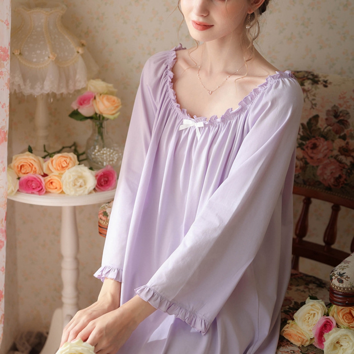 91家纺网 家纺一手货源 找家纺 洛兰沙家居馆 2026新款长袖睡裙宫廷风甜美公主法式复古宽松圆领新款女春秋针织棉睡衣 紫色