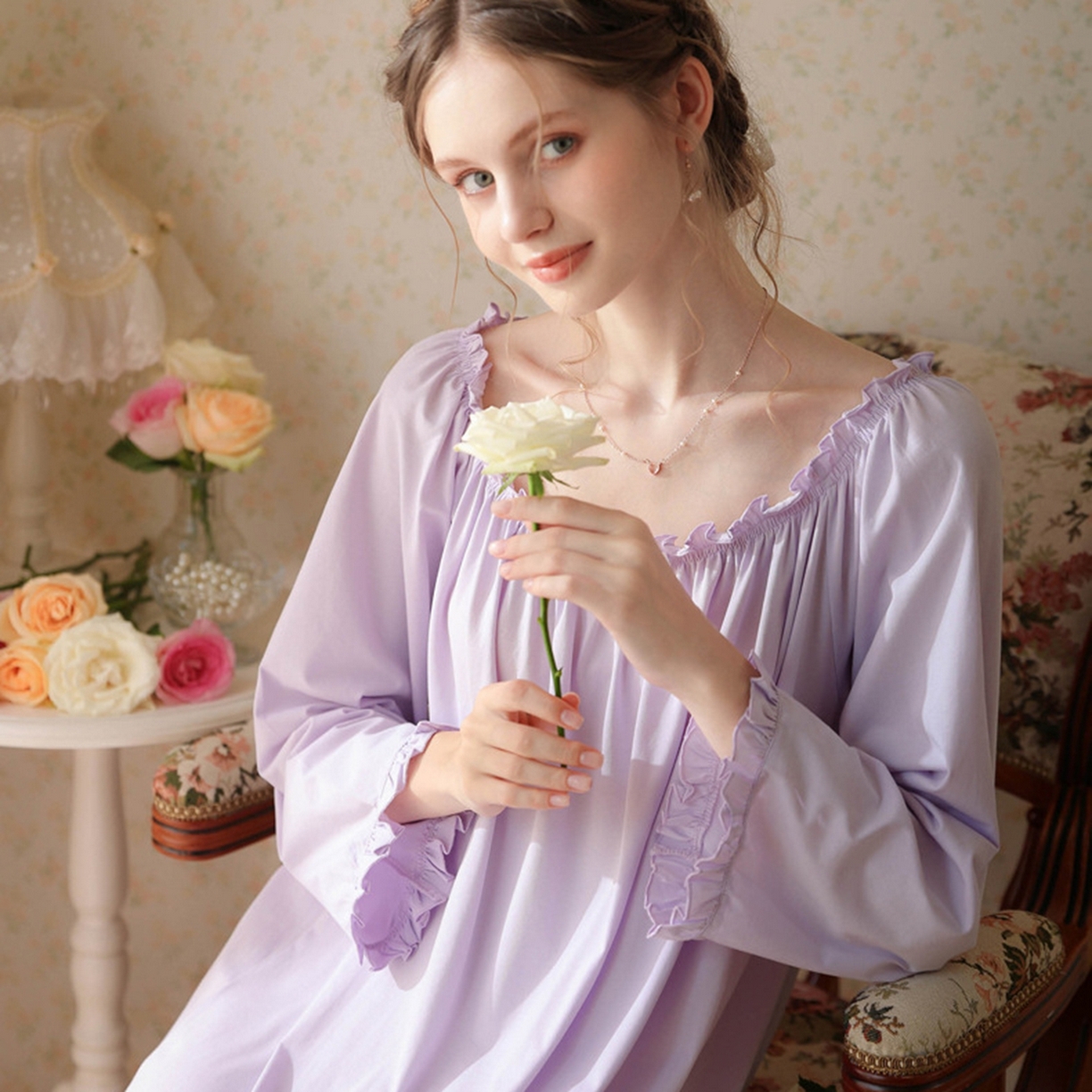 91家纺网 家纺一手货源 找家纺 洛兰沙家居馆 2026新款长袖睡裙宫廷风甜美公主法式复古宽松圆领新款女春秋针织棉睡衣 紫色