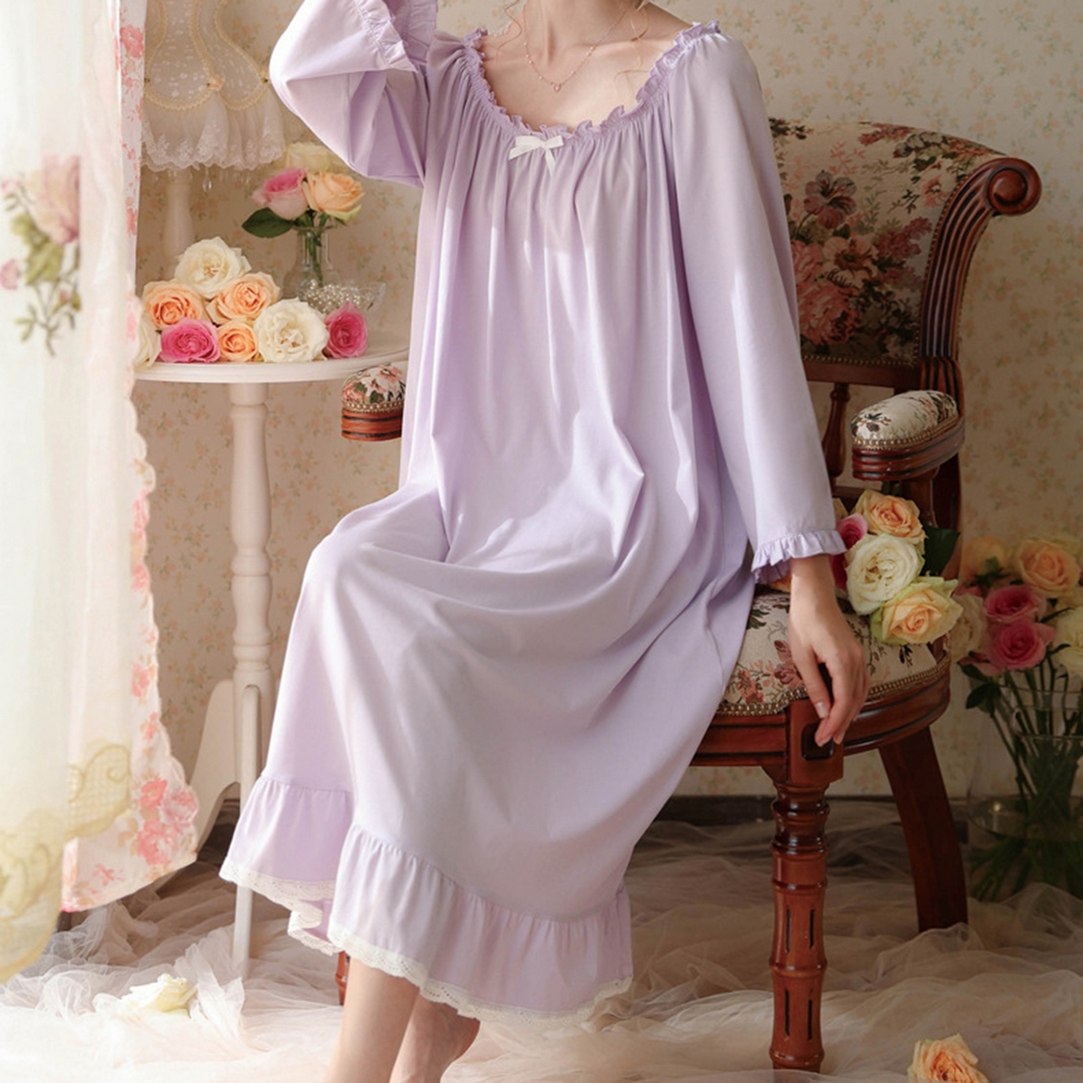 91家纺网 家纺一手货源 找家纺 洛兰沙家居馆 2026新款长袖睡裙宫廷风甜美公主法式复古宽松圆领新款女春秋针织棉睡衣 紫色
