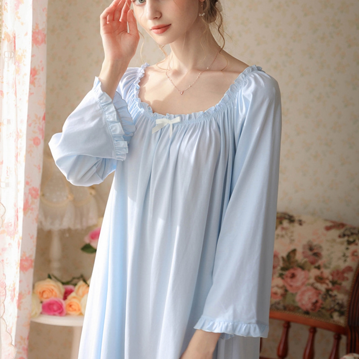 91家纺网 家纺一手货源 找家纺 洛兰沙家居馆 2026新款长袖睡裙宫廷风甜美公主法式复古宽松圆领新款女春秋针织棉睡衣 蓝色