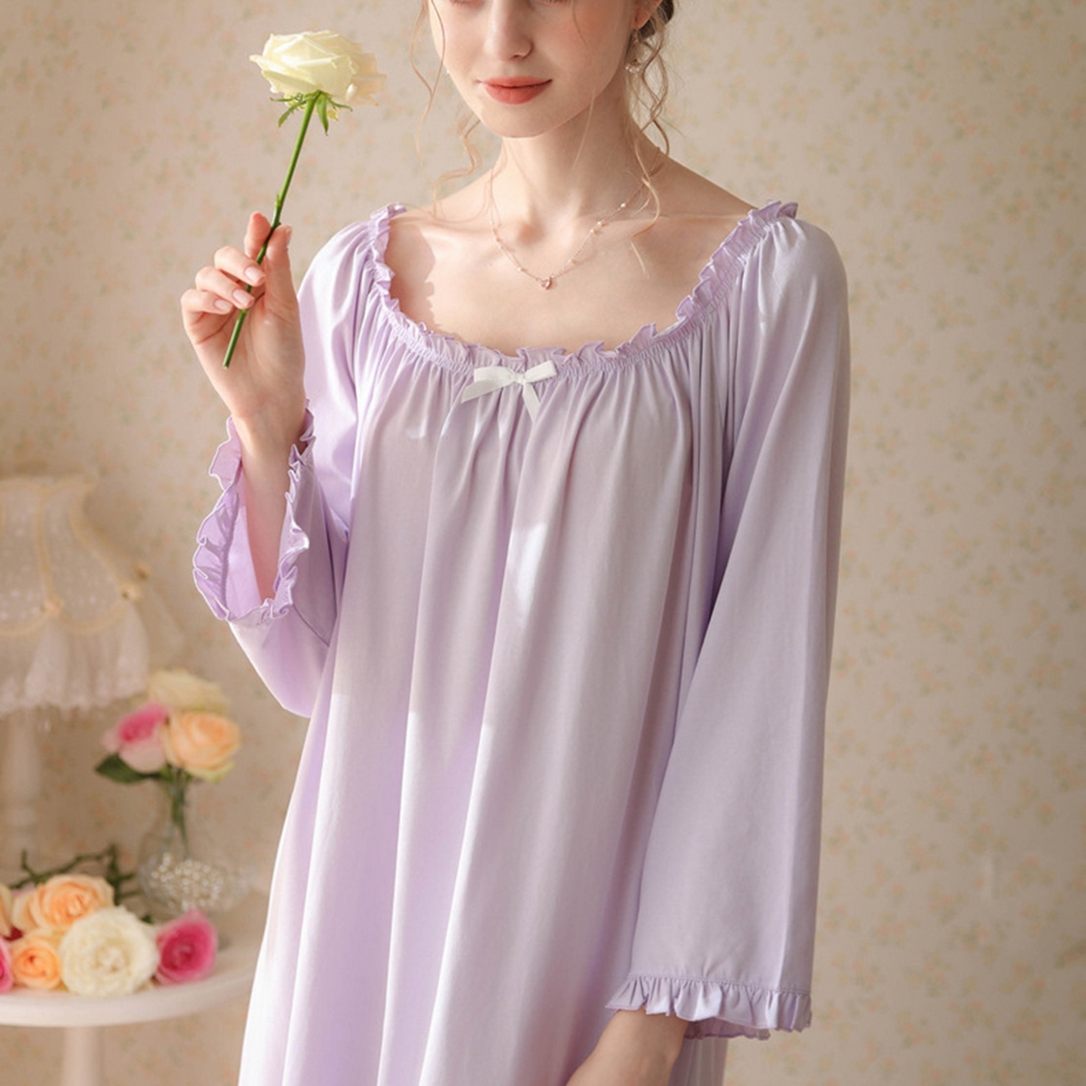 91家纺网 家纺一手货源 找家纺 洛兰沙家居馆 2026新款长袖睡裙宫廷风甜美公主法式复古宽松圆领新款女春秋针织棉睡衣 紫色