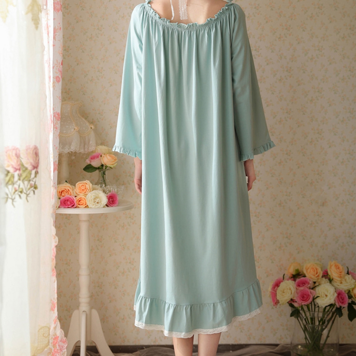 91家纺网 家纺一手货源 找家纺 洛兰沙家居馆 2026新款长袖睡裙宫廷风甜美公主法式复古宽松圆领新款女春秋针织棉睡衣 水绿色