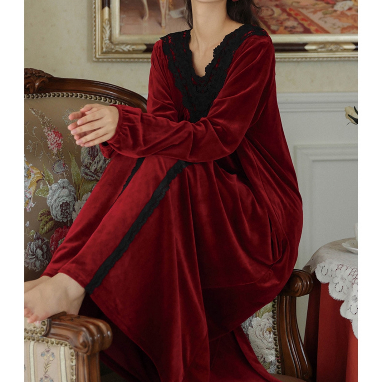 洛兰沙家居馆 2026新款秋冬宽松复古宫廷绒款V领睡裙睡袍长袖长款公主保暖家居服绒睡衣 红色