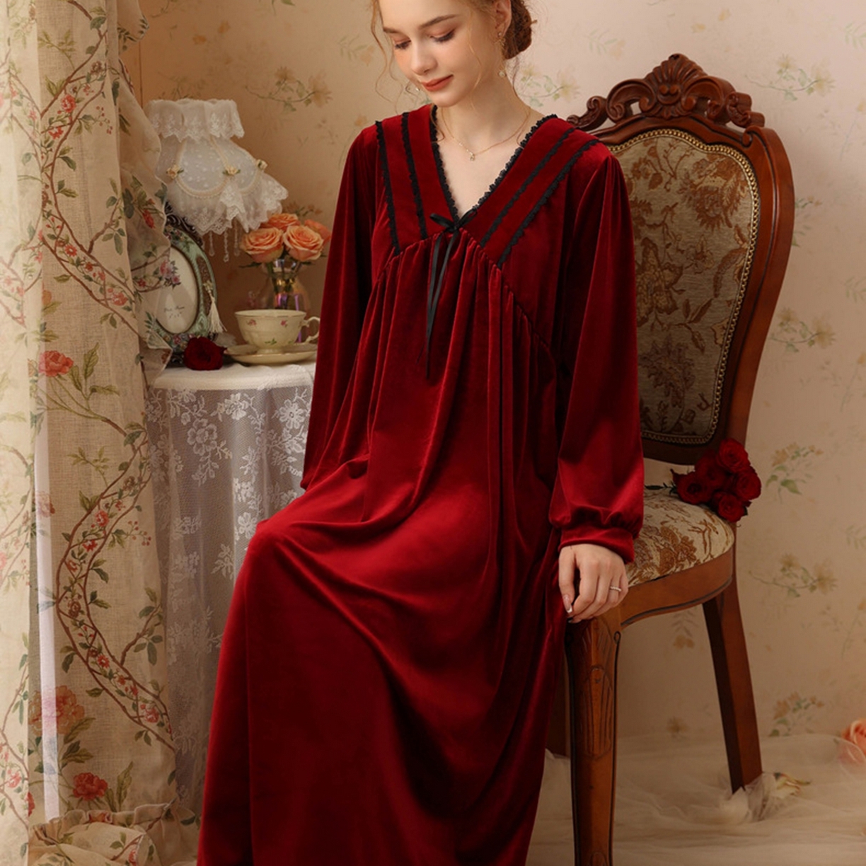 洛兰沙家居馆 2026秋冬新款宽松V领加厚款睡裙睡袍 红色