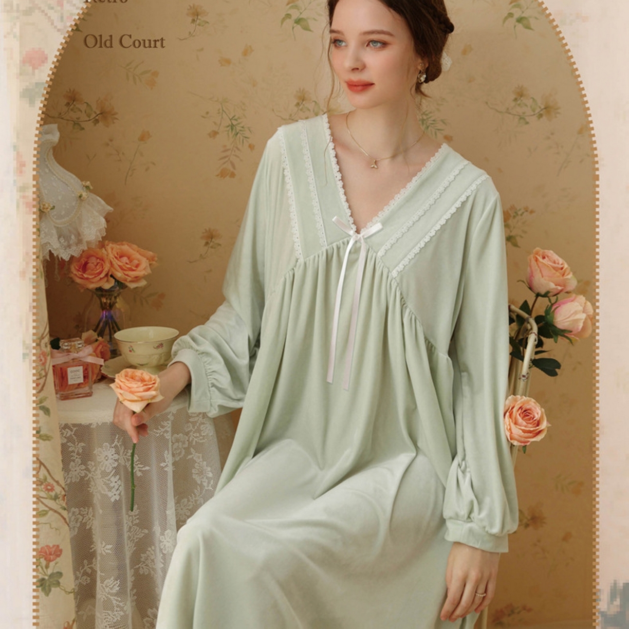 洛兰沙家居馆 2026秋冬新款宽松V领加厚款睡裙睡袍 绿色