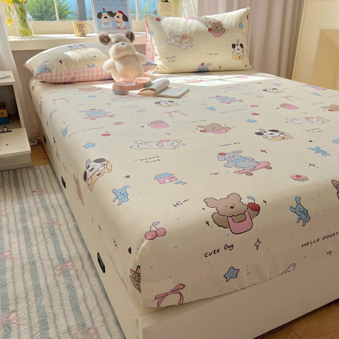 六巷胡同 2026新款40支全棉13070卡通单品床笠 法棍滑板狗