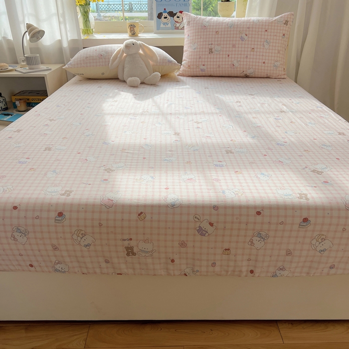 91家纺网 家纺一手货源 找家纺 六巷胡同 2026新款40支全棉13070卡通单品床笠 卡哇伊猫咪