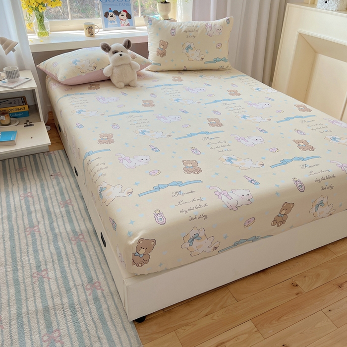 91家纺网 家纺一手货源 找家纺 六巷胡同 2026新款40支全棉13070卡通单品床笠 猫咪甜甜圈