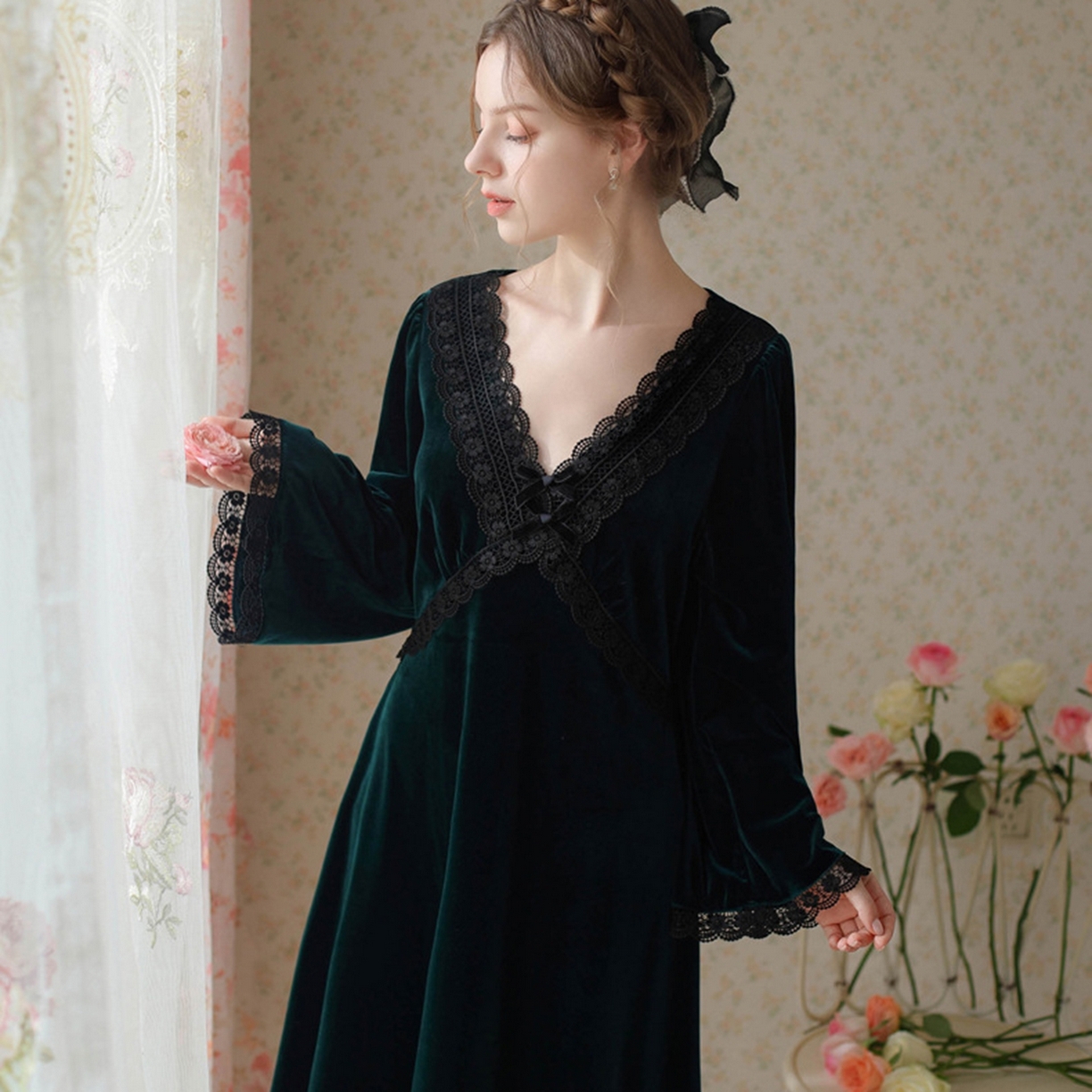 91家纺网 家纺一手货源 找家纺 （总）洛兰沙家居馆 2026新款秋冬宽松复古宫廷绒款V领睡裙睡袍长袖长款公主保暖家居服绒睡衣