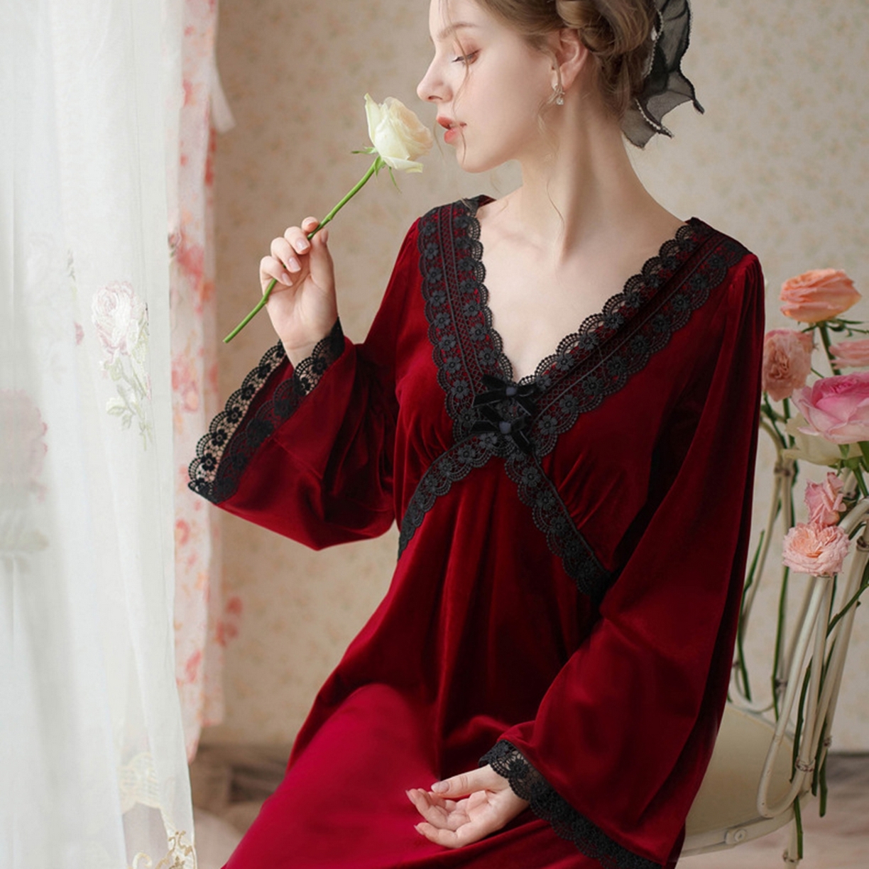 91家纺网 家纺一手货源 找家纺 （总）洛兰沙家居馆 2026新款秋冬宽松复古宫廷绒款V领睡裙睡袍长袖长款公主保暖家居服绒睡衣