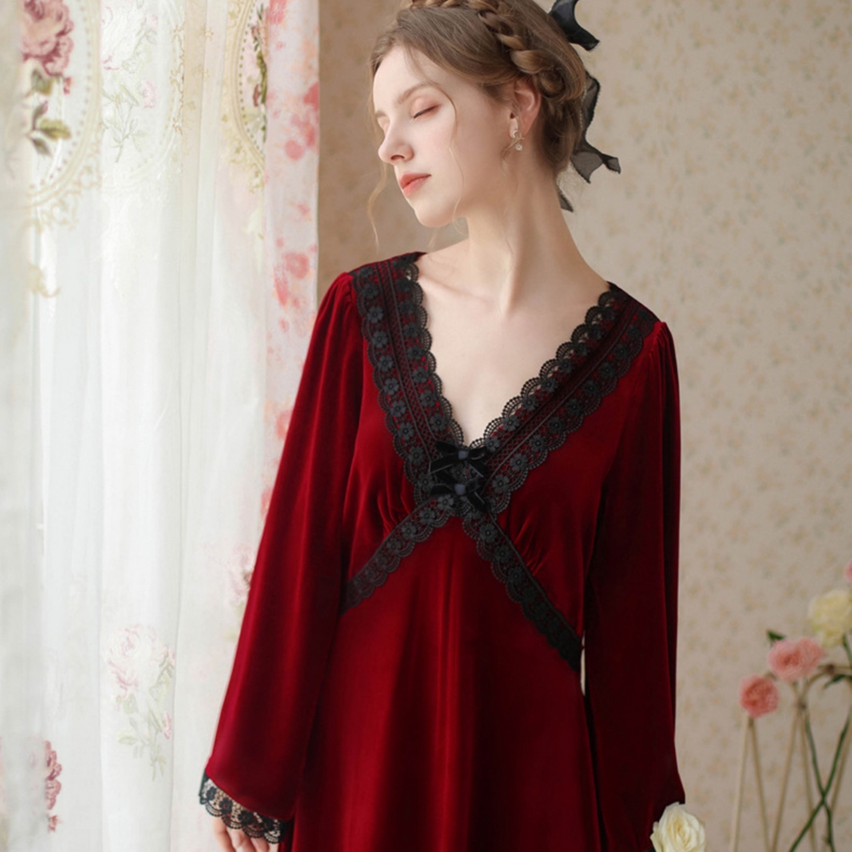 91家纺网 家纺一手货源 找家纺 （总）洛兰沙家居馆 2026新款秋冬宽松复古宫廷绒款V领睡裙睡袍长袖长款公主保暖家居服绒睡衣