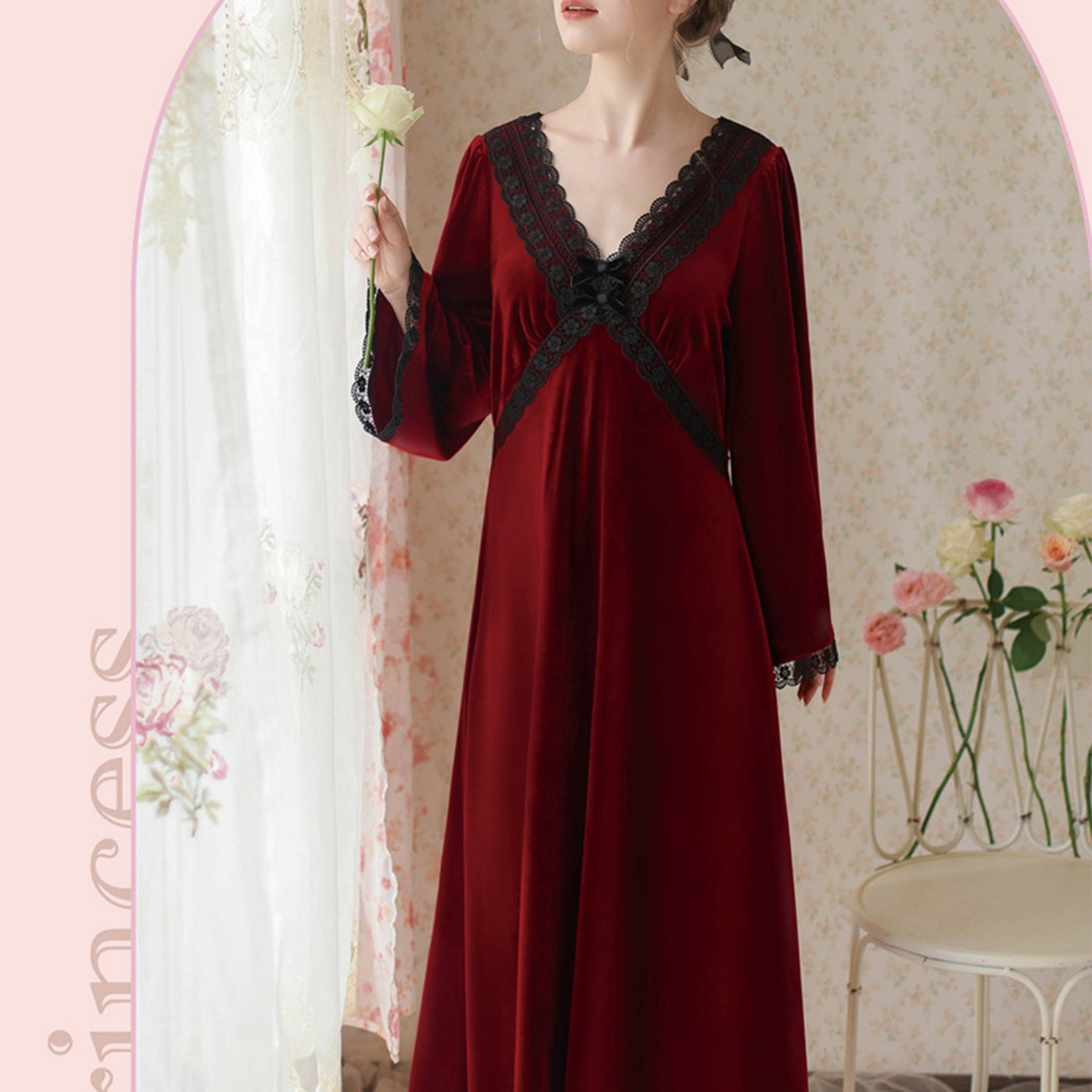 91家纺网 家纺一手货源 找家纺 洛兰沙家居馆 2026新款秋冬宽松复古宫廷绒款V领睡裙睡袍长袖长款公主保暖家居服绒睡衣 红色