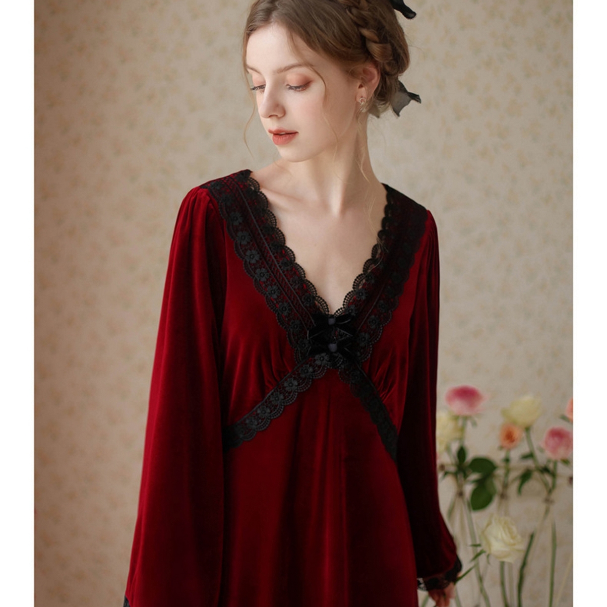 91家纺网 家纺一手货源 找家纺 （总）洛兰沙家居馆 2026新款秋冬宽松复古宫廷绒款V领睡裙睡袍长袖长款公主保暖家居服绒睡衣