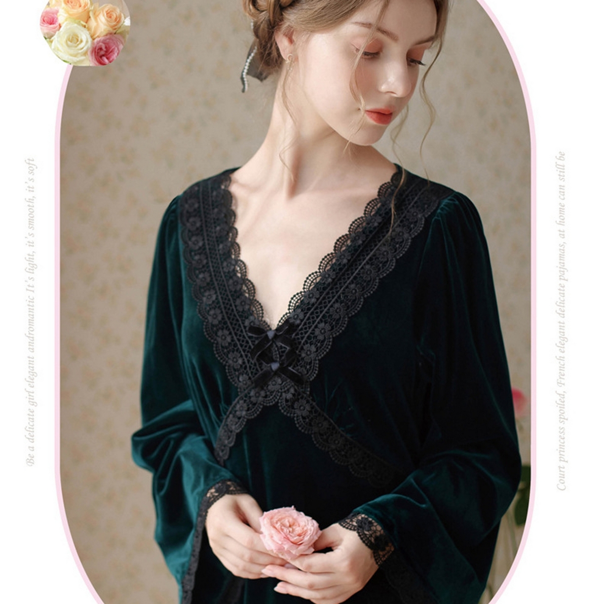 91家纺网 家纺一手货源 找家纺 洛兰沙家居馆 2026新款秋冬宽松复古宫廷绒款V领睡裙睡袍长袖长款公主保暖家居服绒睡衣 绿色