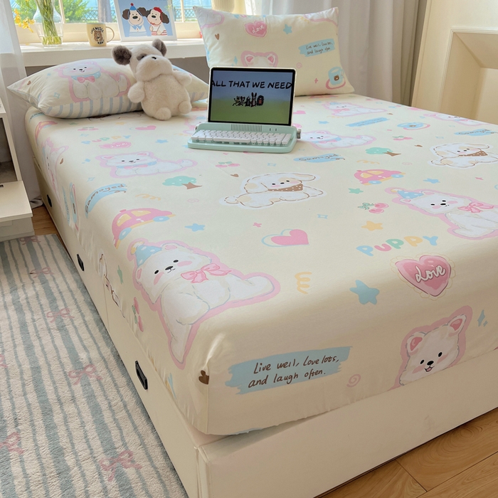 六巷胡同 2026新款40支全棉13070卡通单品床笠 泡芙萌趣狗