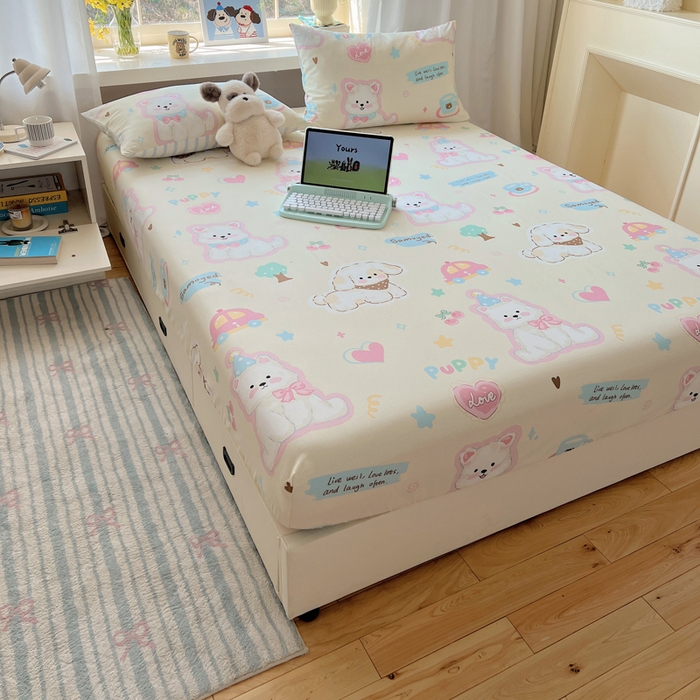 91家纺网 家纺一手货源 找家纺 六巷胡同 2026新款40支全棉13070卡通单品床笠 泡芙萌趣狗